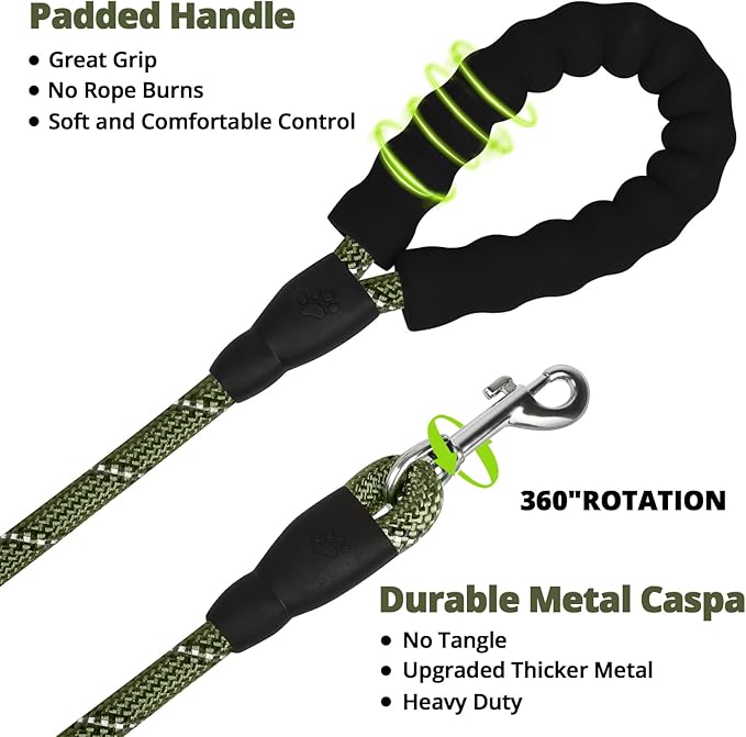 jenico Long Dog Leash 10FT: Heavy Duty Nylon Rope Leashes for Dogs Training with Reflective Threads Bungee and Padded Handle - Dog Lead for Large Small Medium Dogs Outside Walking Hiking
