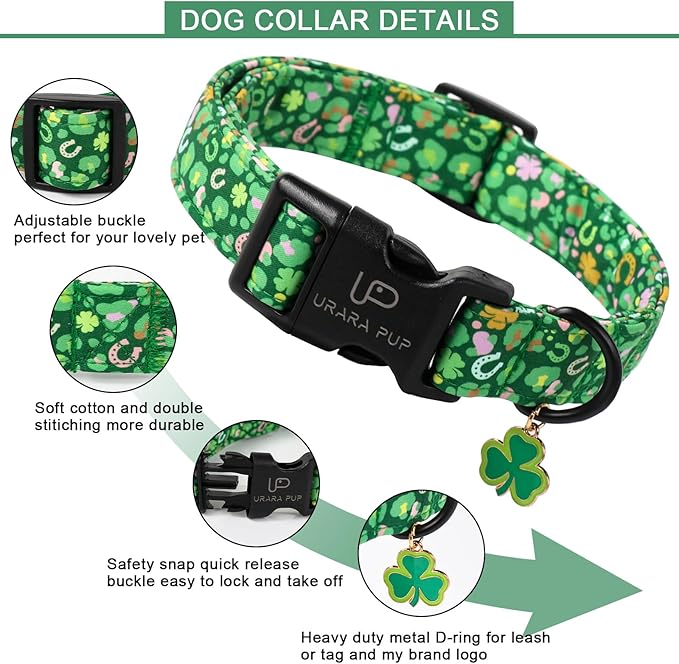 St. Patrick's Dog Collar, Cotton St. Patricks Clover Collar for Puppy Girl Boy Dog or Cat, Lucky Shamrock Dog Collar with Metal Buckle, Green, Spring, XS