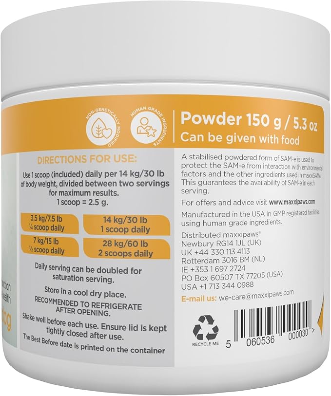 maxxipaws maxxiSAMe Advanced SAM-e Powder Supplement - Liver, Cognitive & Joint Support for Dogs, 5.3oz