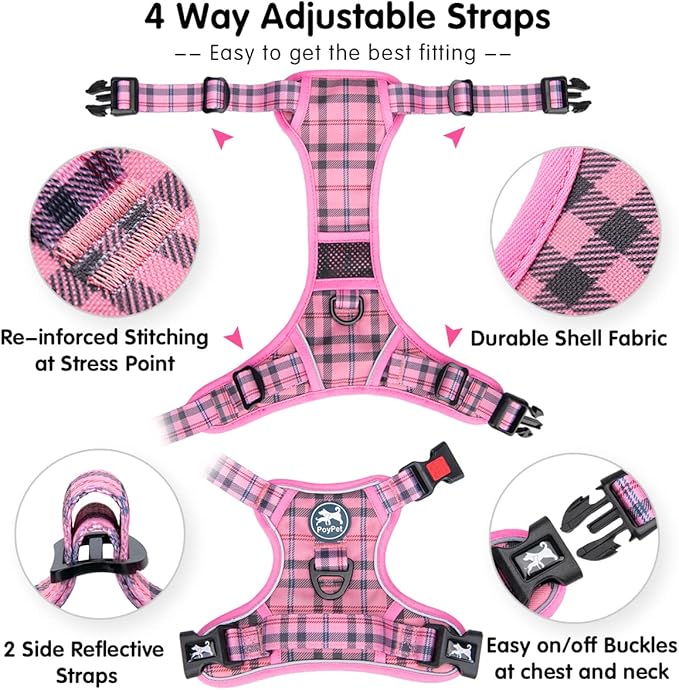 PoyPet No Pull Dog Harness, [Release at Neck] Reflective Adjustable No Choke Pet Vest with Front & Back 2 Leash Attachments, Soft Control Training Handle for Medium Dogs(Checkered Pink,M)