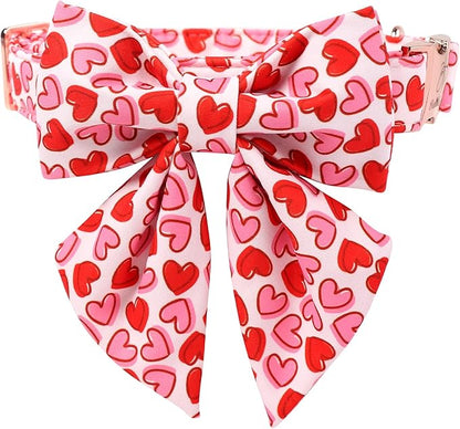 Valentines Dog Collar with Lady Bow - Cute Red Pink Hearts Valentine Sailor Bowtie Dog Collars, Adjustable Metal Buckle Male Female Dogs Collar for Small Medium Large Dogs XL