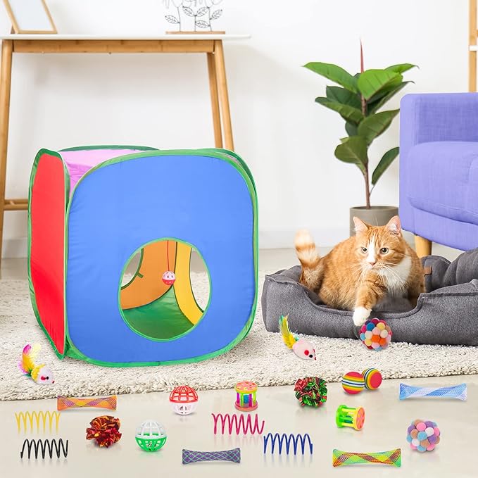 Retro Shaw Cat Toys, 33Pack, Interactive Kitten Toys for Indoor Cats Kitty with Collapsible Cat Tunnel Tube Tent Feather Wand Teaser Bell Fuzzy Pompom Crinkle Ball Springs Mice Toys