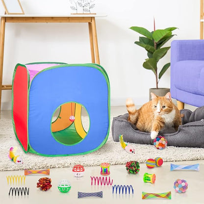 Retro Shaw Cat Toys, 33Pack, Interactive Kitten Toys for Indoor Cats Kitty with Collapsible Cat Tunnel Tube Tent Feather Wand Teaser Bell Fuzzy Pompom Crinkle Ball Springs Mice Toys