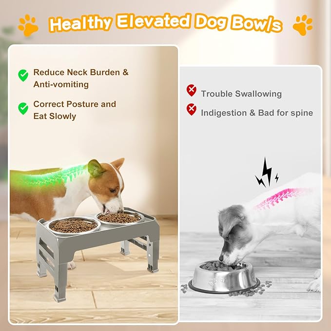 Elevated Dog Bowls for Small Dogs 3 Height Adjustable Raised Dog Bowl Stand with 25oz Stainless Steel Food Bowls Anti-Slip Small Dogs Feeder Adjusts to 7.5", 6", 2.75", Light Brownish Gray