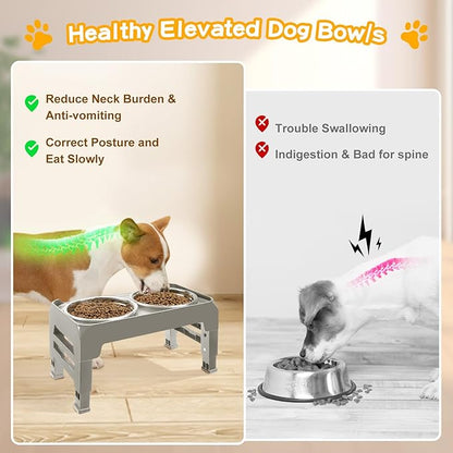Elevated Dog Bowls for Small Dogs 3 Height Adjustable Raised Dog Bowl Stand with 25oz Stainless Steel Food Bowls Anti-Slip Small Dogs Feeder Adjusts to 7.5", 6", 2.75", Light Brownish Gray