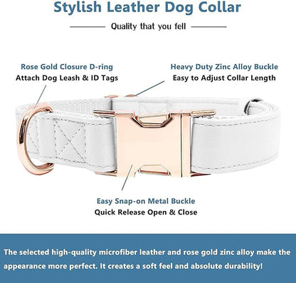 Soft Leather Dog Collar and Leash (6.6') Set - Stylish Rose Gold Heavy Duty Metal Buckle, 4 Adjustable Lengths Leash for Small Medium Large Dogs - Comfortable & Easy to Clean White L(15.4"-24.8")