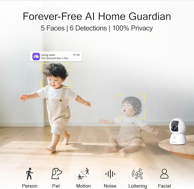 CINMOORE 5G Security Camera Indoor 2-Pack, No-Monthly-Fee AI Tracking Facial Recognition, 3K Pet/Dog Camera with Speaker/Phone App, PTZ WiFi Baby Monitor Cameras for Home Security, 0-Glow Night Vision