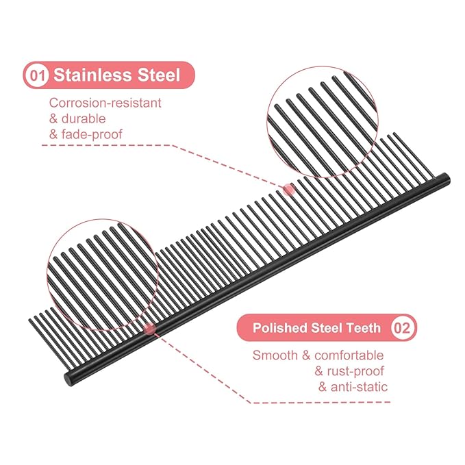 PETAXCELL Dog Cat Comb, Pet Combs Stainless Steel Teeth with Rounded Ends for Knots Mats Loose Hair Removal, 7.5IN (Black Coated, 3 Pack), Grooming Tool Intended for Long Curly Hair Pet