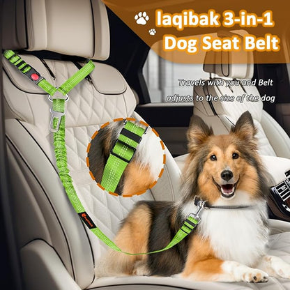 Removable Dog Seat Belt Harness for Car, 3 in 1 Pet Dog Car Seatbelt Leash, Retractable Restraint Secures to Vehicle Headrest & Adjustable Reflective Bungee Dog Seatbelt Tether, Green and Black