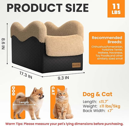 Mavora Max Portable Small Dog Seat for Car, Luxury Center Console Dog Car Seat Booster with Safety Tethers, Anti-Collapse Pet Travel Carseat for SUV, Truck (Black/Brown)