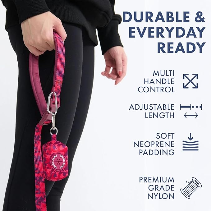 Spark Paws Handsfree Dog Leash – Shock Absorbing Waist Bungee Lead for Running, Car Seatbelt Clip & Poop Bag Set, Heavy Duty Tactical Lead for Medium, Large & X-Large Breeds - Fuchsia Camo