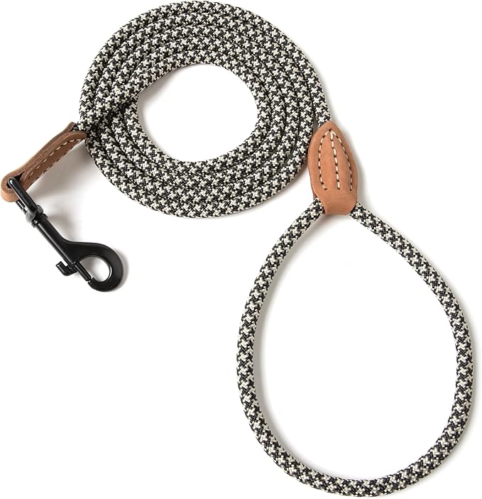 Mile High Life Small Dog Leash, Thin Rope Leash with Genuine Leather Connection and Heavy Duty Metal Clasp, Great for Small Medium Dogs(Black Khaki,48 Inch-1/3)
