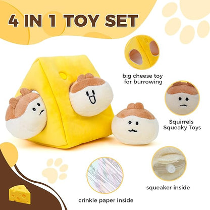 Hide and Seek Plush Stuffed Dog Toys, Squeaky Chew Toys with Crinkle Papper, Funny Toy Bundle Pack Perfect for Small, Medium and Large Dogs Reduce Boredom, Teeth Cleaning (Medium, Cheese)