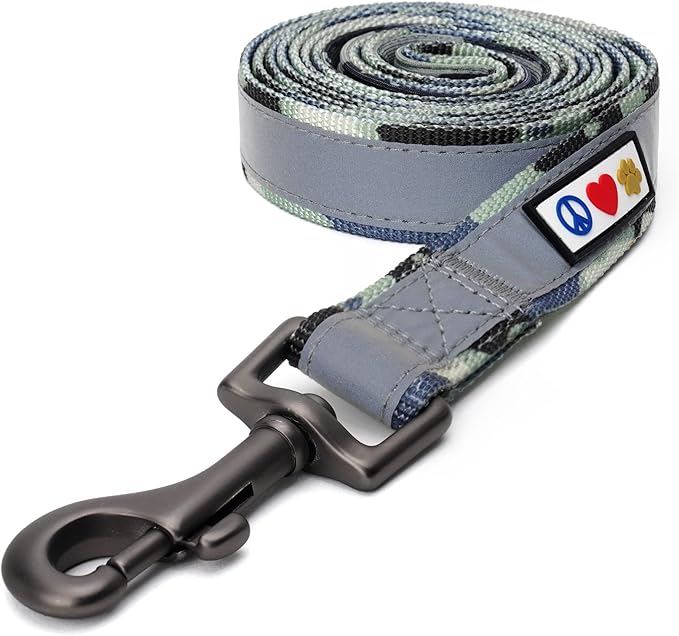 Pawtitas Camo Grey Dog Leash 6 ft Custom ID Lead for Dogs & Puppies Reflective Comfortable Padded Handle Embroidered Name & Phone Number