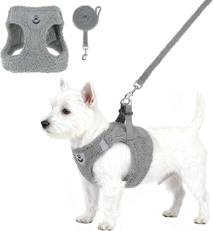 KOOLTAIL Plush Small Dog Harness and Leash Set, Warm Fleece No Pull Puppy Vest for Winter, Lightweight Reflective Step in Pet Harness for Medium Sized Dogs Boy Girl Outdoor Walking Cute Soft, Gray M