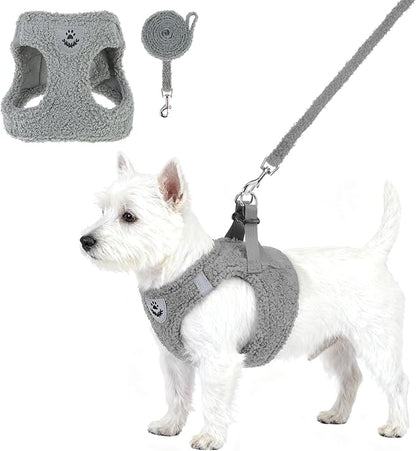 KOOLTAIL Plush Small Dog Harness and Leash Set, Warm Fleece No Pull Puppy Vest for Winter, Lightweight Reflective Step in Pet Harness for Medium Sized Dogs Boy Girl Outdoor Walking Cute Soft, Gray M