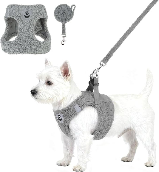 KOOLTAIL Plush Small Dog Harness and Leash Set, Warm Fleece No Pull Puppy Vest for Winter, Lightweight Reflective Step in Pet Harness for Medium Sized Dogs Boy Girl Outdoor Walking Cute Soft, Gray M
