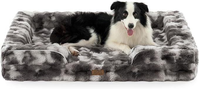 COZY KISS Orthopedic Dog Bed for Extra Large Dog, Soft and Warm Faux Fur Sofa for Giant Pet Up to 150 lbs, Foam Bolster Anti-Slip Couch with Washable Removable Cover, XXL 48x35x8 inch, Tie Dye Grey
