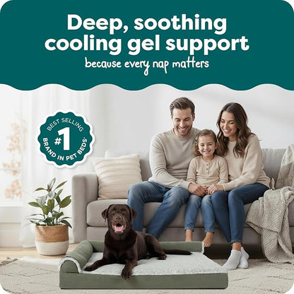 FurHaven Cooling Gel Dog Bed for Large Dogs, L-Shaped Chaise with Cool Gel-Top Foam with a Solid Orthopedic Foam Base for Joint Support, Washable Cover, Jumbo XL, Plush Faux Fur & Suede, Dark Sage