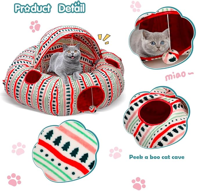 OUHOU Cat Tunnel Bed for Indoor Cats, Soft Plush Peekaboo Cat Cave Donut Tunnel, Multifunctional Cat Playground Toys Hideplace for Small Medium Large Cats, Kittens, Rabbit, Ferret (Red)