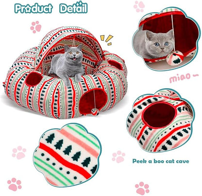 OUHOU Cat Tunnel Bed for Indoor Cats, Soft Plush Peekaboo Cat Cave Donut Tunnel, Multifunctional Cat Playground Toys Hideplace for Small Medium Large Cats, Kittens, Rabbit, Ferret (Red)