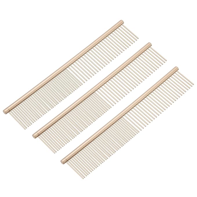 PETAXCELL Dog Cat Comb, Pet Combs Stainless Steel Teeth with Rounded Ends for Knots Mats Loose Hair Removal, 7.5IN (Gold Coated, 3 Pack), Grooming Tool Intended for Long Curly Hair Pet
