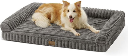 COZY KISS Cute Dog Bed for Large Dogs, Faux Rabbit Fur Orthopedic Foam Dog Bed with Sides, Removable Washable Cover & Waterproof Lining, Comfortable Pet Couch, Grey (44" L x 32" W x 7" Th)