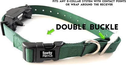 Sparky Pet Co - ECollar Replacement Strap - Easy Release Double Buckle Dog Collar - Rugged Nylon - Adjustable - D Ring - Quick Release Metal Clasp - for Invisible Fence Systems - 3/4" x 24" - Green