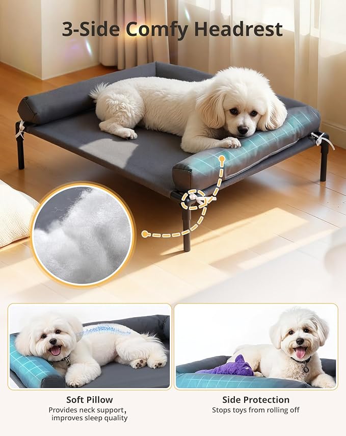 Cooling Elevated Dog Bed, 24.6x30 Raised Dog Bed with Removable Bolster Cushion, Breathable Mesh, Non-Slip Feet, and Metal Frame for Small Breeds Indoor Outdoor