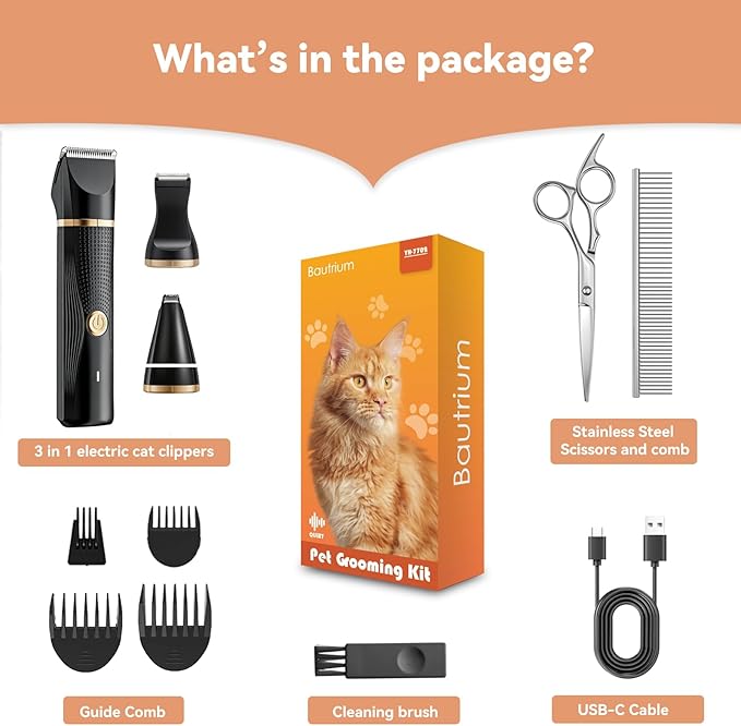 Bautrium Cat Grooming Clippers Kit with Paw Trimmer, 3 in 1 Electric Pet Hair Trimmer Supplies for Thick Matted Hair, Heavy Coat Butt Shaver Cat Razor Fur Trimmer for Dogs at Home (Black)