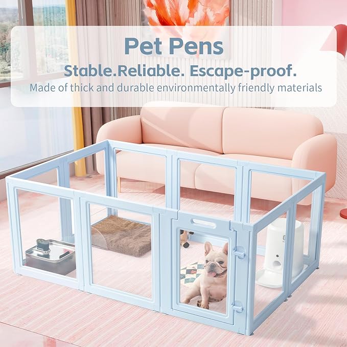 LoveTail DIY Clear Acrylic Dog Playpen House,Quick Easy Assembly and Disassembly,Strong Floor Suction,Indoor and Outdoor Use,Easy Cleansing Puppy Fence (Sky Blue, 23.6" H, 12PCS)
