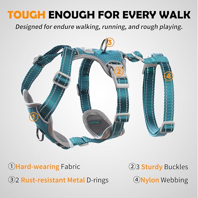 Huntboo Escape Proof Dog Harness – No Pull, No Slip, Fully Reflective, Adjustable 7-Point Design for Small, Medium, and Large Dogs – Lightweight for Outdoor Training & Hiking (Teal, L)