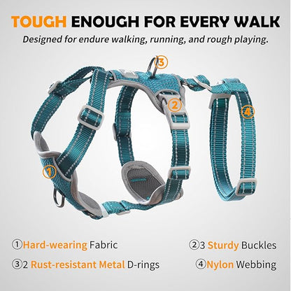 Huntboo Escape Proof Dog Harness – No Pull, No Slip, Fully Reflective, Adjustable 7-Point Design for Small, Medium, and Large Dogs – Lightweight for Outdoor Training & Hiking (Teal, S)