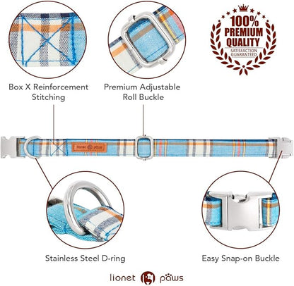 Lionet Paws Boy Dog Collar with Bowtie, Comfortable Adjustable Cute Blue Plaid Bow Tie Collar for Male Dogs Gift, Small, Neck 10-16 inches