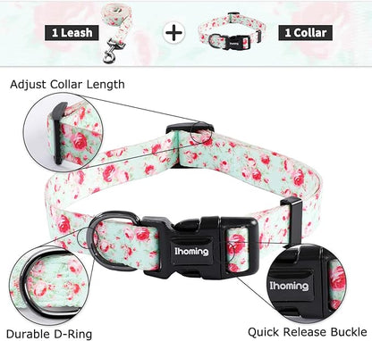 Ihoming Dog Collar and Leash Set for Daily Outdoor Walking Running Training, Floral GreenLake Design for Small Boys Girls Dogs Cats Pets, S-Up to 20LBS