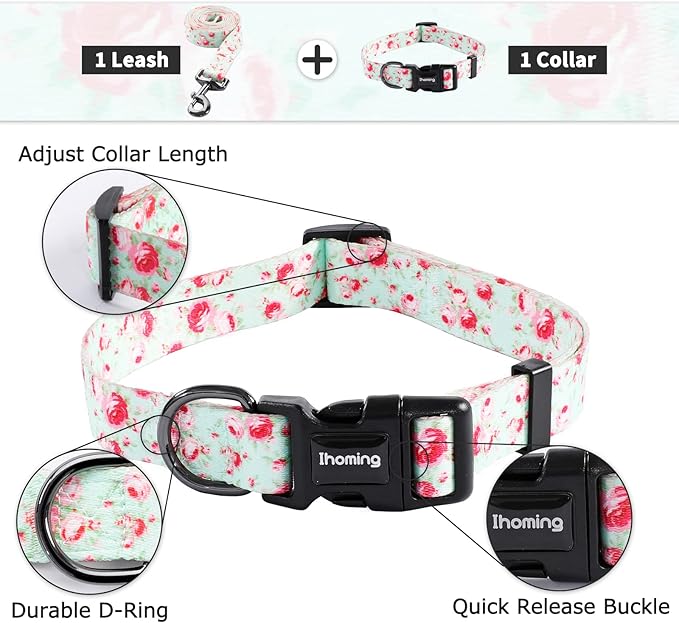 Ihoming Dog Collar and Leash Set for Daily Outdoor Walking Running Training, Floral GreenLake Design for Medium Boys Girls Dogs Cats Pets, M-Up to 45LBS