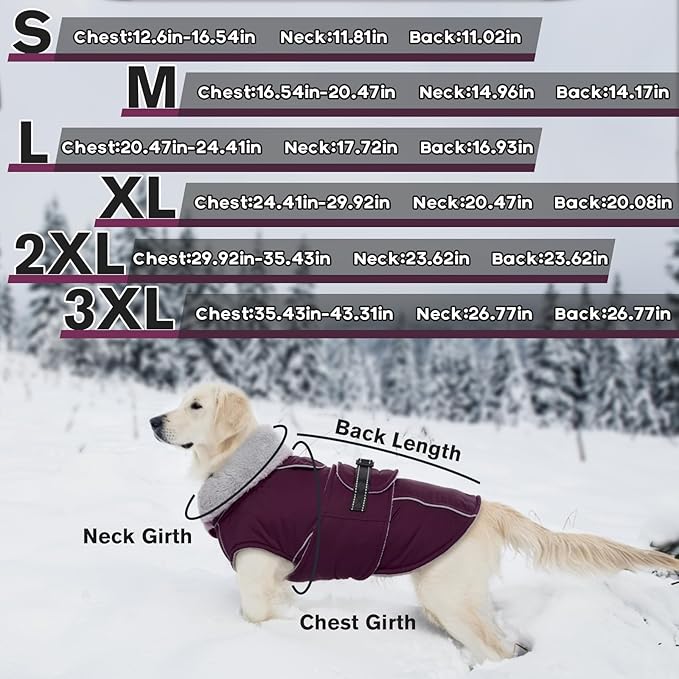 Lelepet Warm Dog Coat Waterproof Dog Jacket for Large Dogs Reflective Fleece Vest with Adjustable Buckle Hook & Loop Windproof Cold Weather Coats for Small Medium Large Dogs, Dark Purple, XXL