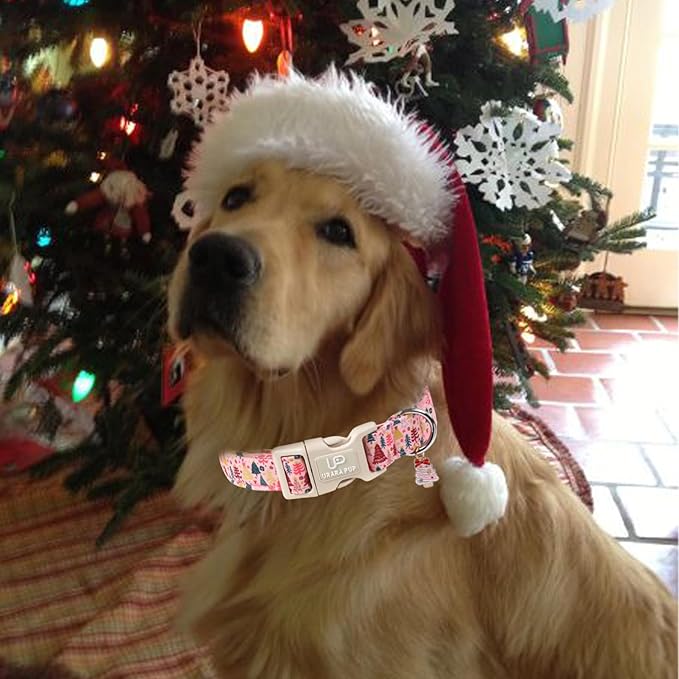 Christmas Dog Collar, Pink Christmas Tree for Dogs, Adjustable Pet Collar with Cute Xmas Tree Pendant, Festive Winter Dog Accessories for Small Medium Large Dogs S