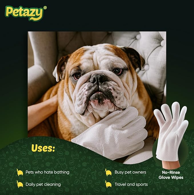 Petazy Pet Glove Wipes for Dogs & Cats – 25 Pack | Hypoallergenic, No Rinse, Extra Thick Cleaning Gloves with Aloe & Coconut Oil | Paws, Face, Ears & Butt | Travel Friendly, Gentle & Safe