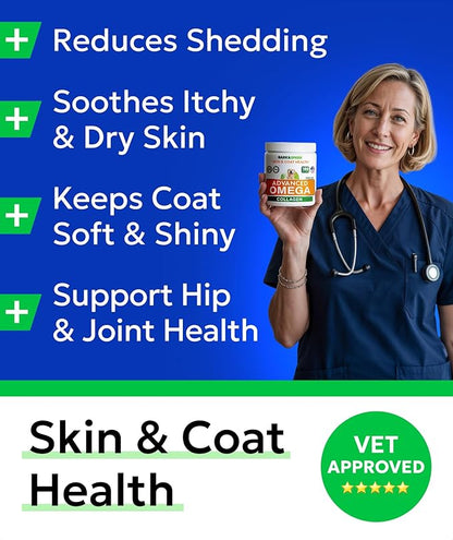 BARK&SPARK Advanced Omega-3 Collagen for Dogs - 180 Fish & Salmon Oil Treats for Dog Shedding, Skin Allergy Chews, Itch Relief, Hot Spots Treatment - Joints, Skin&Coat Supplement, EPA&DHA Fatty Acids