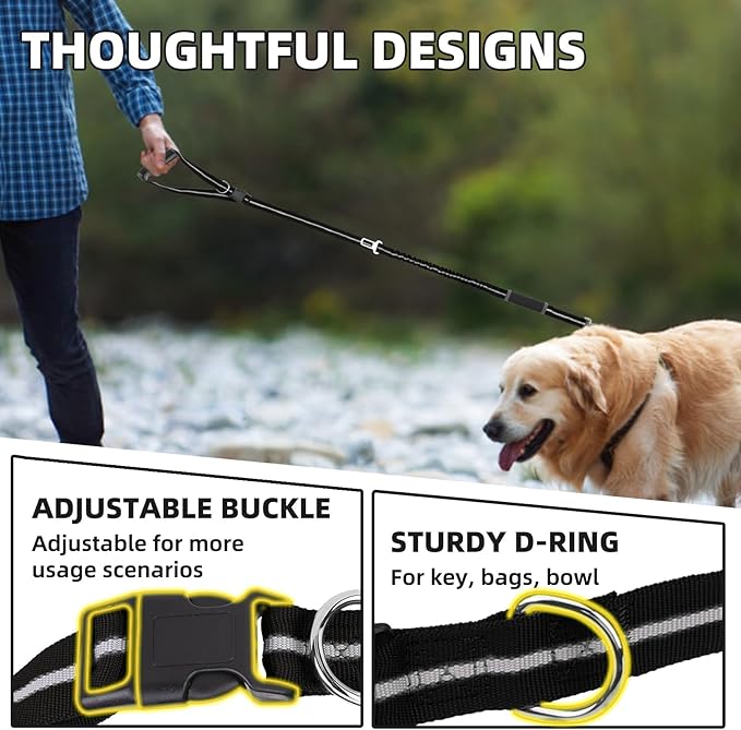 PUPTECK Heavy Duty Bungee Leash for Medium Large Dogs, No Pull Tactical Dog Leash with Double Handles for Training, Reflective with Car Seatbelt and Quick Release Buckle, Black