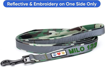 Pawtitas Personalized Camo Green Dog Leash 6 ft Custom ID Lead for Dogs & Puppies Reflective Comfortable Padded Handle Embroidered Name & Phone Number