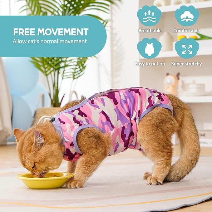 Avont Cat Recovery Suit - Kitten Onesie for Cats After Surgery, Cone of Shame Alternative Surgical Spay Suit for Female Cat, Post-Surgery or Skin Diseases Protection -Purplecamo(M)