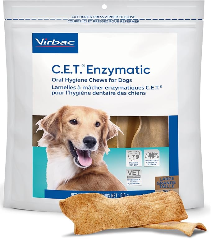 Virbac C.E.T. Enzymatic Oral Hygiene Chews for Large Dogs - Plaque & Tartar Control - Single Layer Beefhide with Exclusive Dual-Enzyme System & Tasty Chicken Flavor - Easy to Give Dog Dental Chew