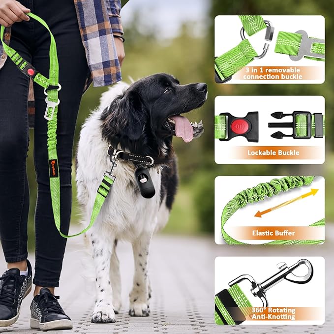 Removable Dog Seat Belt Harness for Car, 3 in 1 Pet Dog Car Seatbelt Leash, Retractable Restraint Secures to Vehicle Headrest & Adjustable Reflective Bungee Dog Seatbelt Tether, Green and Black