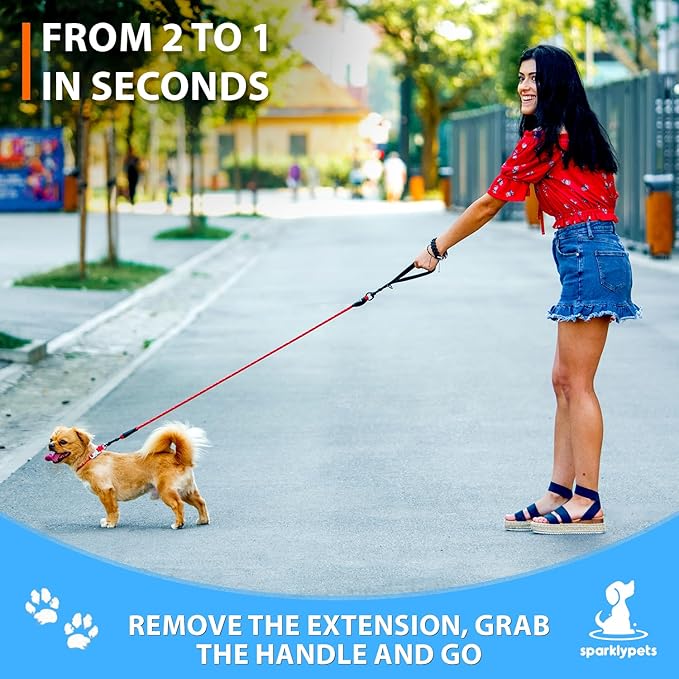 SparklyPets - Double Dog Bungee Rope Leash for 2 Small Dogs - Dual Dog Lead for Small Breeds - Soft Handles, No Tangle, Adjustable Couplers - Flow Leash, 2 Dogs Walking Accessory