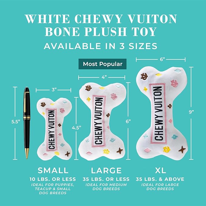 Haute Diggity Dog White Chewy Vuiton Bone, Plush Designer Dog Toys with Interactive Squeaker, Stimulating Pet Enrichment, Machine-Washable & Safe Materials for All Breeds, Size XL