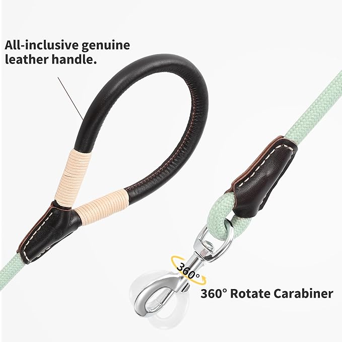 Mile High Life Genuine Leather Wrapped Handle Dog Leash, w Heavy Duty Clasp Rope Leash for Small Medium Large Dogs (Green, 6FT)
