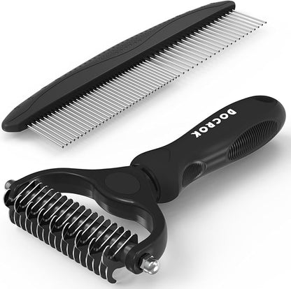 Docrok Pet Grooming Combo: Undercoat Rake, Dematting Deshedding Brush for Long-Haired Dogs and Cats, Black
