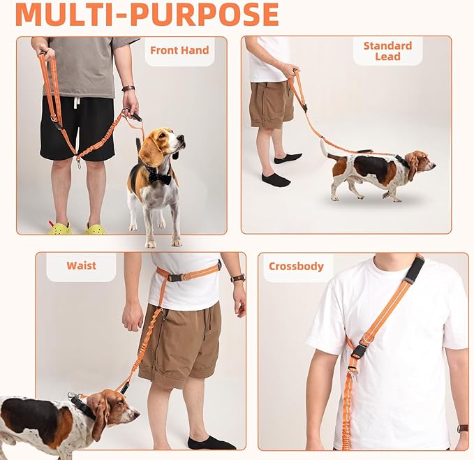 PUPTECK Heavy Duty Bungee Leash for Medium Large Dogs, No Pull Tactical Dog Leash with Double Handles for Training, Reflective with Car Seatbelt and Quick Release Buckle, Orange